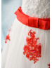 Beaded Red Lace Tulle Corset Back Knee Length Flower Girl Dress